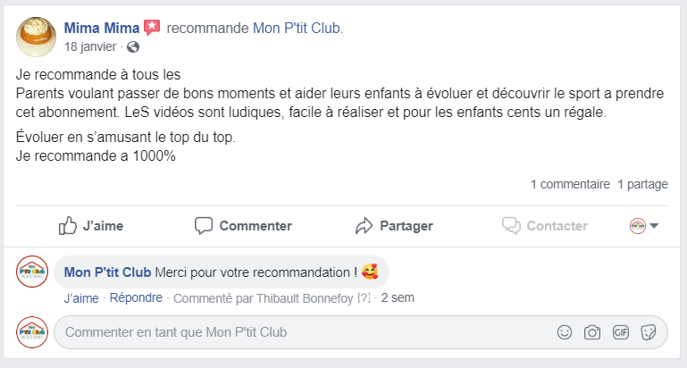Image de la recommandation Mon P'tit Club depuis Facebook